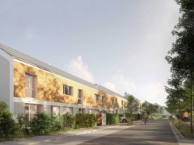 An architectural rendering of a row of timber-clad terraced houses with rooftop solar panels along a tree-lined street