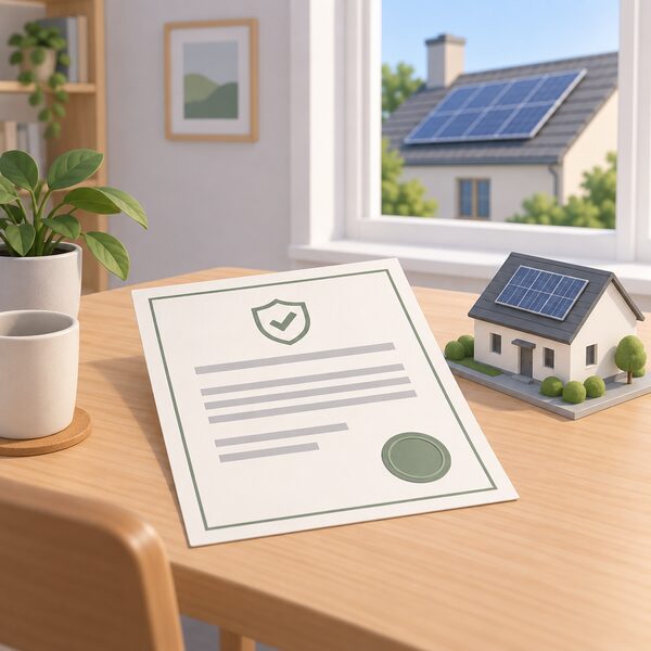 A Lawful Development Certificate shown as a physical document lying on a table in a home, with a house model or roof-mounted solar panel visible nearby to show it proves the panels are lawful.
