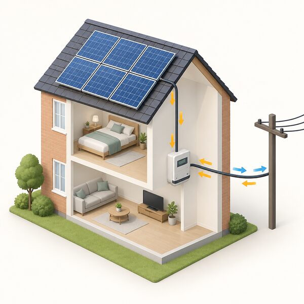 A cutaway house wall showing a roof-mounted solar panel array connected by cable down to an electricity meter on the inside wall, with arrows showing power flowing both up from the panels into the house and out through the meter to the grid supply outside.