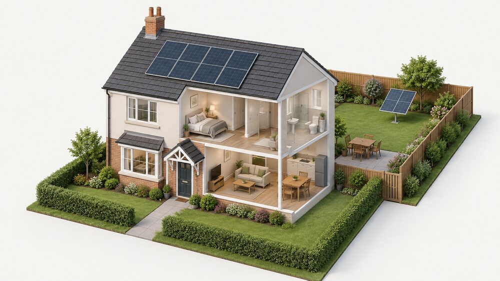 A modest Northern Ireland house seen from the street with a roof-mounted domestic solar array on its pitched roof, the panels sitting flush below the ridgeline, and a stand-alone ground-mounted solar panel in the back garden within the curtilage.