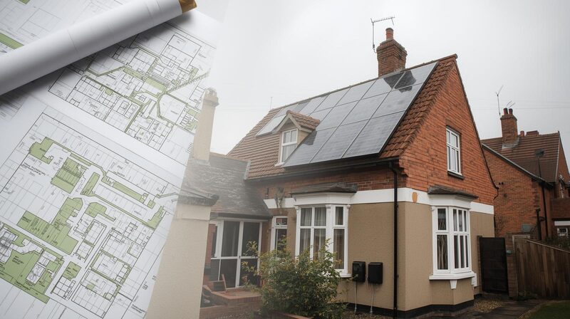 A brick house with rooftop solar panels, blended with architectural floor plans