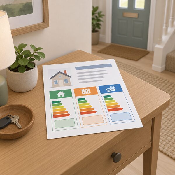 A domestic energy performance certificate shown as a printed sheet lying on a table in a home hallway, with plain colour bands and blank rating blocks standing for the reformed ratings, a heat retention rating, a heating system rating and an energy cost rating, with no readable figures.