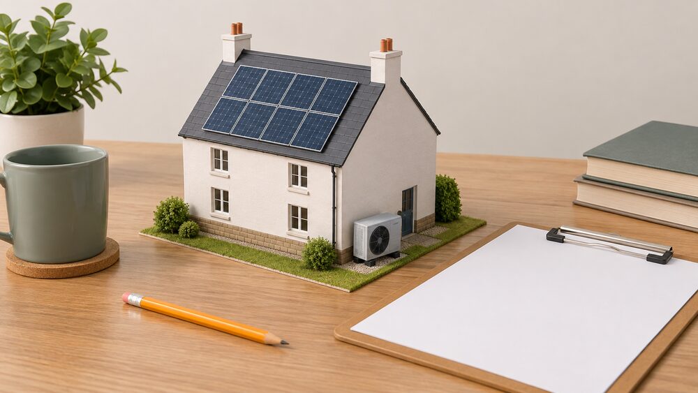 A small model of a Scottish house with solar panels on its pitched roof and a compact air source heat pump fan unit standing on the ground beside its rear wall, placed on a table beside blank planning application paperwork, a clipboard and a pencil.