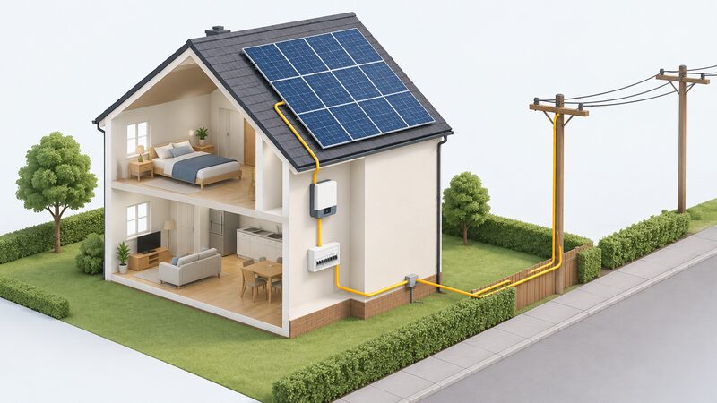 A simplified diagram of a house with rooftop solar PV panels, a cable running down through an inverter to the consumer unit inside, and a connection cable from the system to the local electricity grid shown as poles and wires beyond the property boundary.