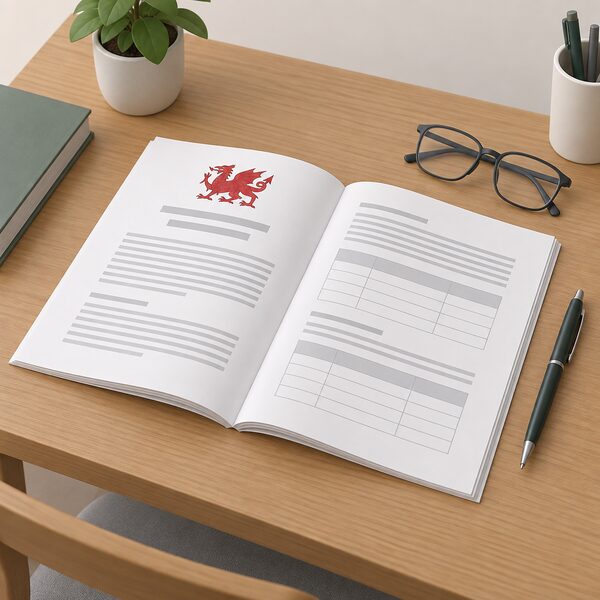 A printed statutory instrument document lying open on a wooden desk, its pages shown as plain text lines and blank schedule tables, beside a pen and a pair of reading glasses, with no readable words or numbers anywhere on it.
