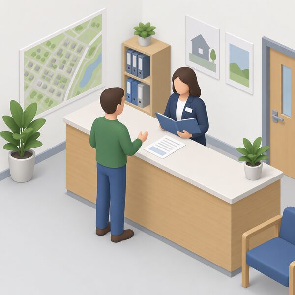 A simplified isometric householder stands at a reception counter inside a local planning authority office, speaking with a planning officer behind the counter who has a folder open, with a printed advice sheet lying on the counter between them.