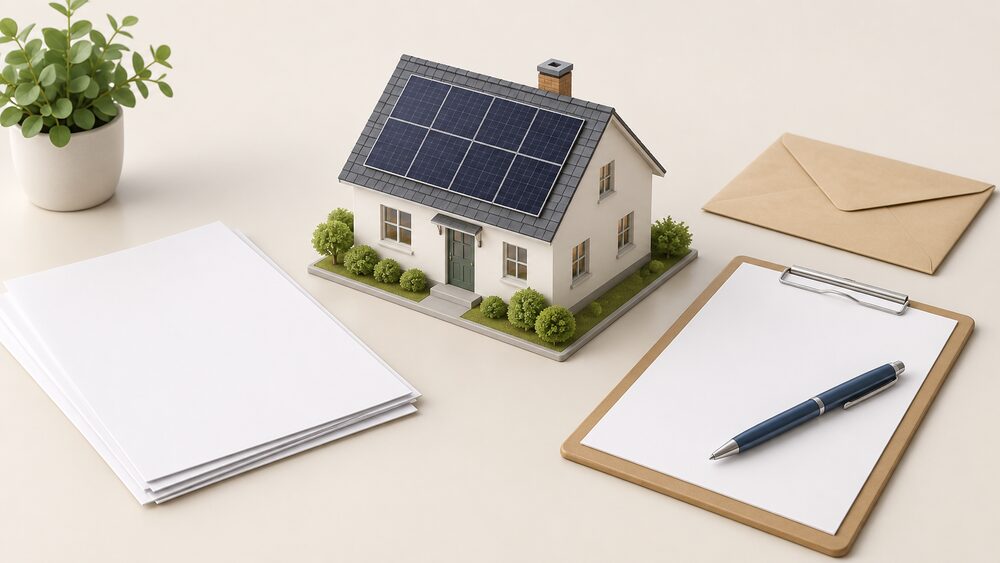 A small model of a house with dark solar panels on its pitched roof sits on a desk beside blank application paperwork, a clipboard with a pen, and a paper envelope, arranged as a householder checking whether roof panels need planning permission.