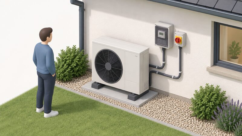 An isometric view of a ground-standing air-source heat pump outdoor unit beside a house wall, with a separate electricity meter in a small enclosure and an isolator switch mounted on the wall next to it, connected by conduit to the unit.