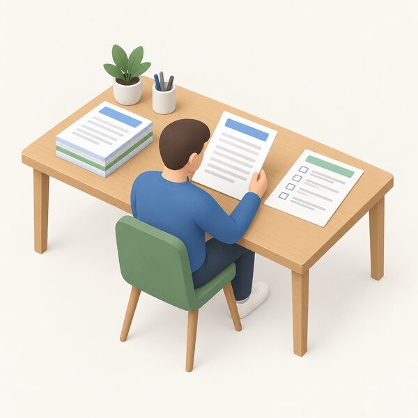 A tidy desk with a neat stack of official paper guidance documents and a checklist sheet laid out on top, with a simplified isometric figure of an applicant seated at the desk reading through them, the papers shown only with blank lines and plain colour bands.