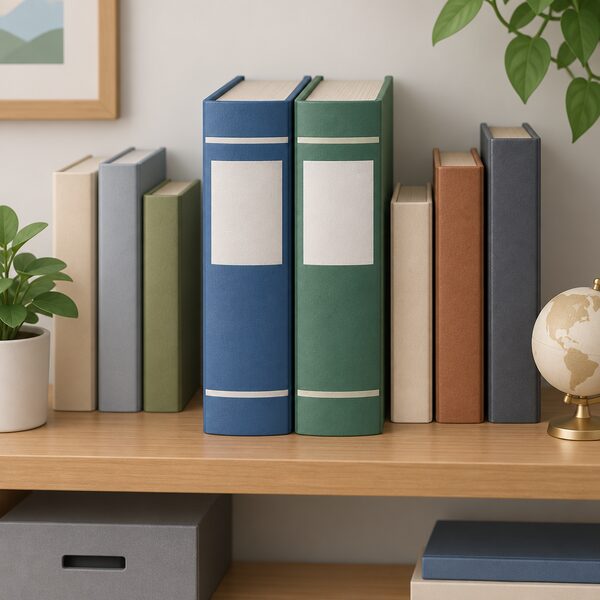Two thick bound guidance volumes standing upright side by side on a wooden office shelf, each with a plain colour spine band and blank label block distinguishing one from the other, with simple neighbouring books around them and no readable text anywhere.