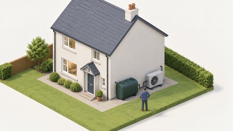 An isometric view of a Northern Ireland house with a domestic oil tank on one side of the exterior wall and an air-source heat pump unit on the other, both connected to the home, with a small figure standing between them looking at the two heating systems.