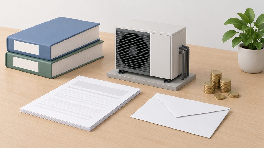 A small model of a ground source heat pump sits on a desk beside a thick stack of blank bound guidance volumes, a blank application form, a blank envelope and a small pile of coins, all lit by plain daylight.