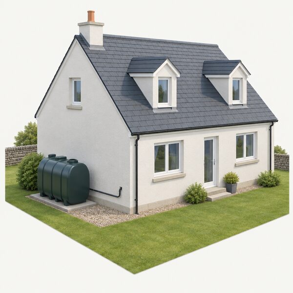 A simple detached Scottish house shown from outside with a domestic oil heating tank standing on a level base beside the rear wall, connected by a fuel supply pipe running into the house, with no people present.