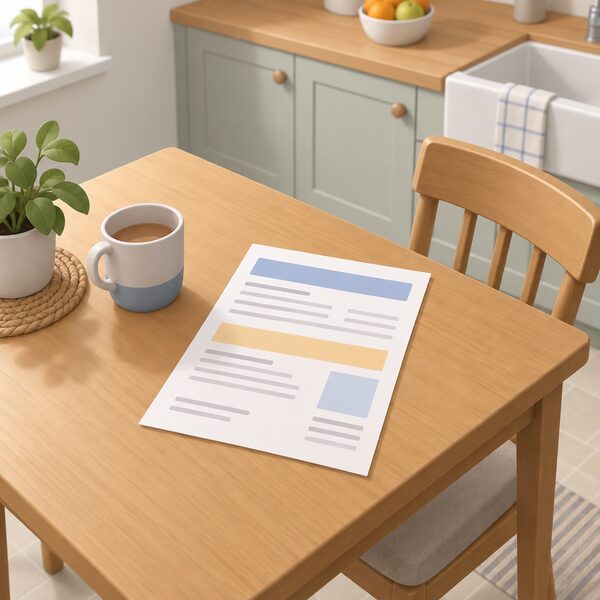 A paper household energy bill lying on a domestic kitchen table, drawn as a physical sheet with blank lines and plain colour bands instead of readable figures, beside a mug and a chair, representing the fuel costs behind the fuel poverty gap.