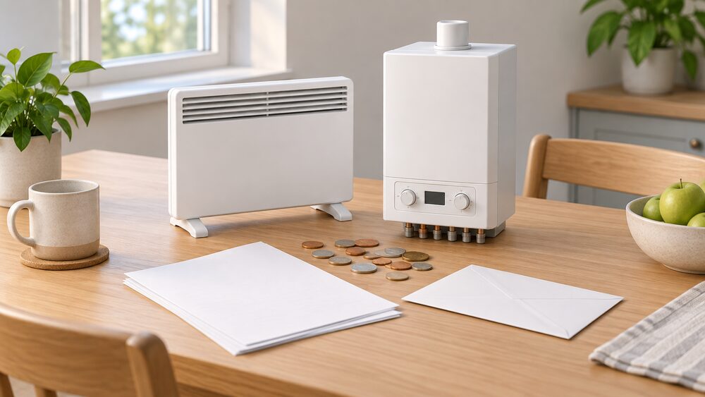 A kitchen table holding a small model of an electric panel heater and a small model of a gas combi boiler side by side, with blank paperwork, a plain envelope and a scatter of coins between them, all lit by ordinary daylight from a window.
