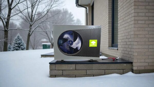 An air source heat pump unit installed outside a brick house in a snowy garden