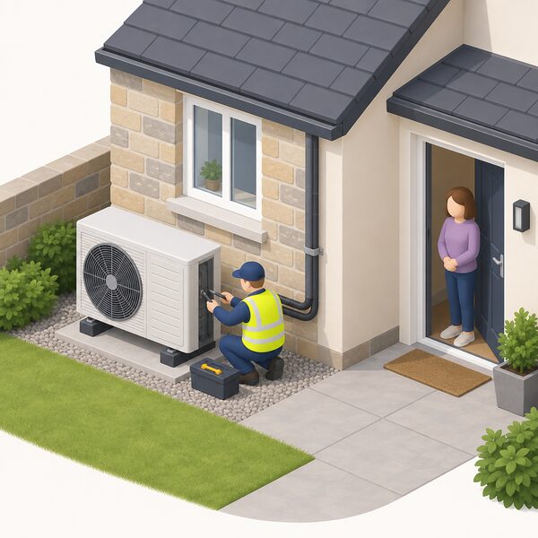 An installer at a Scottish house fits an outdoor air source heat pump unit on the exterior wall, connected by pipework into the home, while the householder watches from the doorway, showing fully funded installation work carried out for the household.