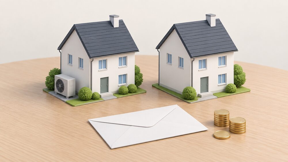 A small arrangement on a table of two blank model houses side by side, one with a tiny air source heat pump fan unit standing beside it on the ground and the other without, beside a blank envelope and a few coins.