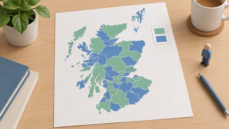 A simplified map of Scotland divided into its 32 local authority areas, each region shaded in one of two plain colours to show strategy status, with a small blank legend block beside it, drawn as a printed sheet lying on a table.