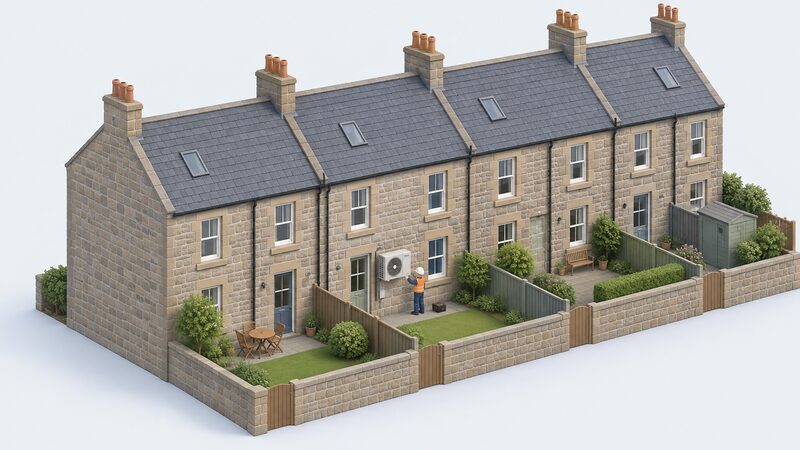 A row of traditional Scottish stone terraced houses, one with an air source heat pump unit mounted on its rear external wall, with a small isometric figure of an installer working beside the unit.