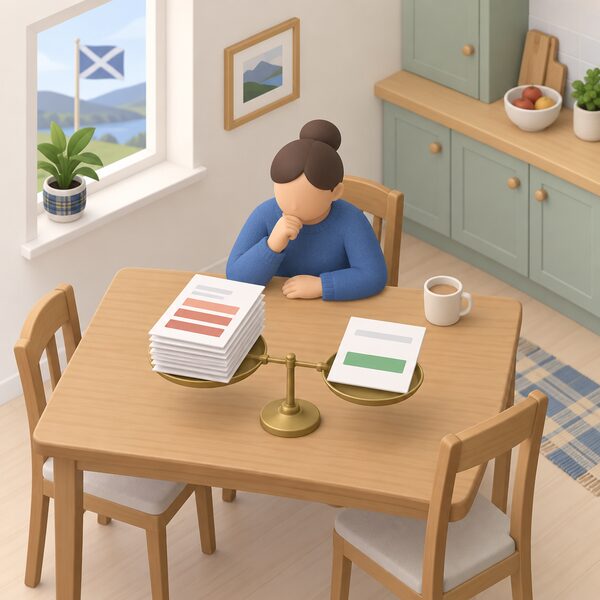 A kitchen table in a Scottish home where a small isometric figure sits comparing a stack of fuel bills laid out on one side with a single income statement on the other, a simple balance-style arrangement showing bills weighed against income after housing costs, with a plain colour band on each paper standing for the amounts.