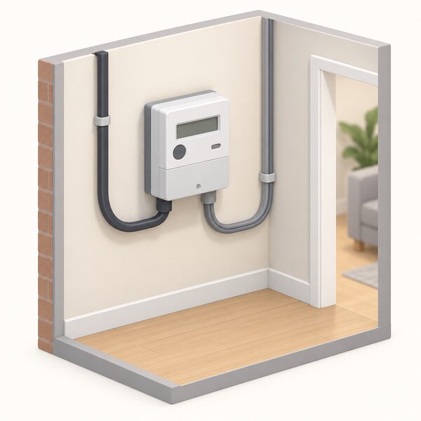 A domestic electricity meter mounted on an inside wall of a home, shown as a simple cutaway corner with the meter box, its incoming supply cable and a cable running onward into the house, illustrating the everyday equipment through which household electricity use is measured for billing.