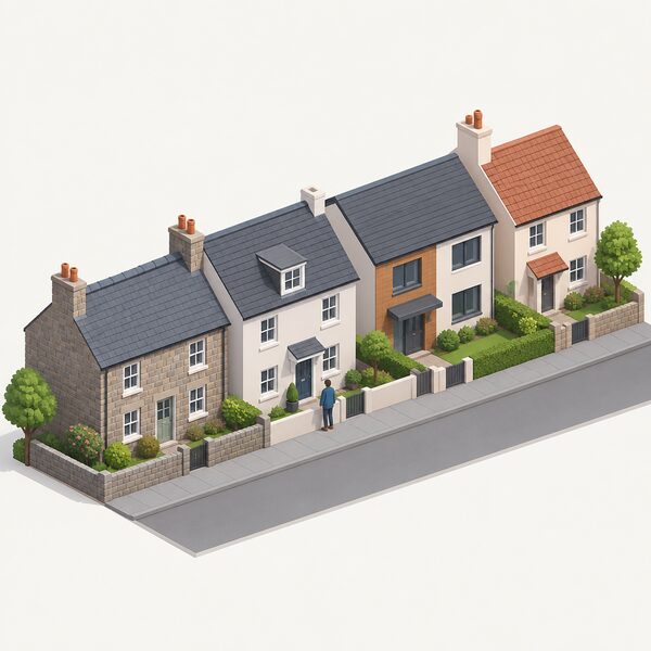A row of ordinary Scottish homes, including a stone cottage and a modern house, seen from the street with a small isometric figure of a resident outside one home, representing the housing stock that must significantly reduce its energy use by 2045.