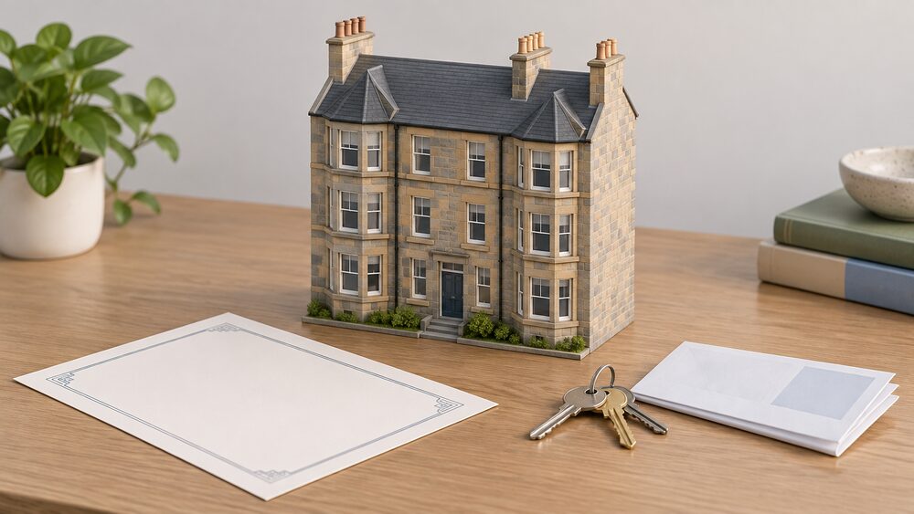 A small stone-built Scottish tenement house model stands on a table beside a blank certificate document, a set of keys and a folded energy bill, all lit by plain daylight.