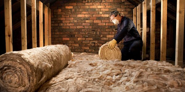 A worker wearing a dust mask and gloves unrolling mineral wool loft insulation in an attic with brick walls and wooden joists