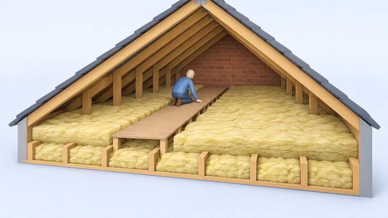A cutaway loft space showing mineral wool insulation laid between and across the joists, with a raised boarded walkway on stilts retained at its original lower level beside the deeper insulation.