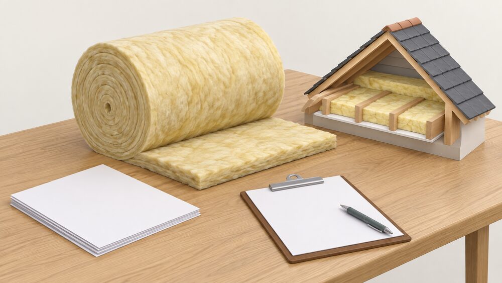 A thick roll of pale mineral wool loft insulation lying on a wooden table beside blank application paperwork, a clipboard with a pen, and a small model of a pitched roof with a cutaway showing fluffy insulation between the ceiling joists.
