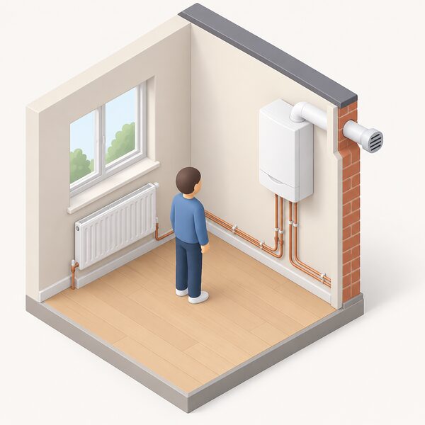 A wall-mounted gas combi boiler inside a home, with its flue passing through the external wall and pipework running to radiators, shown as a simple cutaway room scene with a plain isometric figure standing nearby.