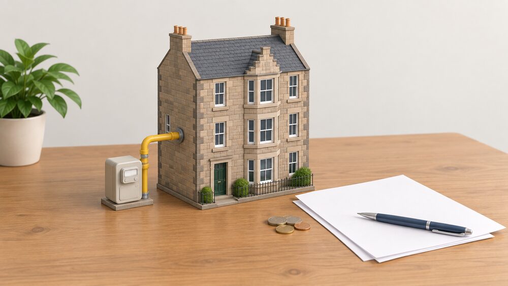 A small model of a Scottish stone tenement flat sits on a table with a yellow gas pipe running into its base and a small gas meter box beside it, next to blank paperwork, a pen and a few coins.
