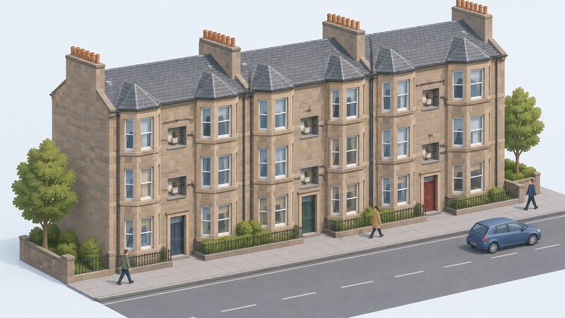 A row of Scottish stone tenement flats shown in a simplified isometric street view, with a small rectangular gas meter box recessed in the stone wall of each flat, individual boxes at different levels for separate flats, and a plain pipe running from each box into the building.