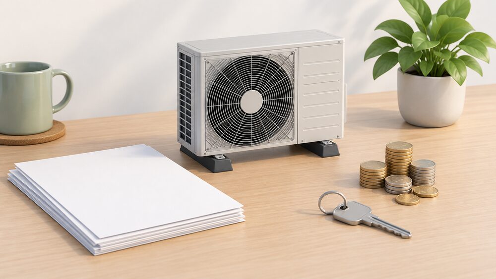 A small model of an air source heat pump unit stands on a table beside a stack of blank application paperwork, a house key and a small pile of coins, suggesting a household considering a renewable heating installation.