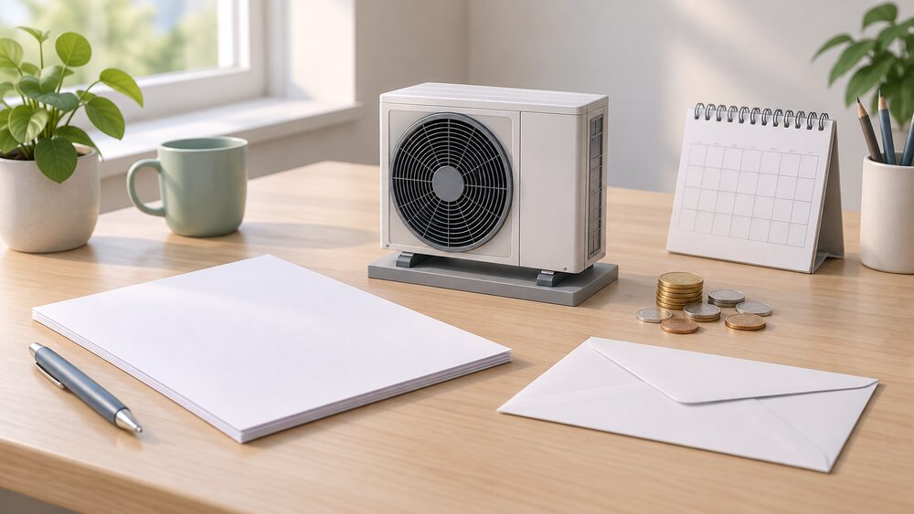A small model of an air source heat pump outdoor fan unit standing on a desk beside blank application paperwork, a plain envelope, a small calendar and a few coins, all lit by soft daylight from a nearby window.