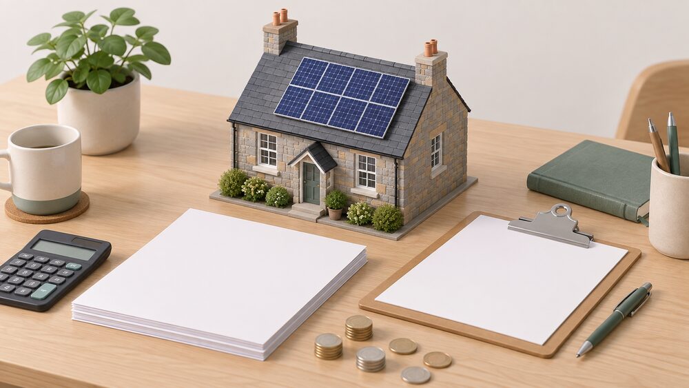 A small model of a slate-roofed Scottish house with solar PV panels on its pitched roof sits on a table beside blank application paperwork, a clipboard and a scatter of coins, suggesting a household applying for support to install rooftop solar.