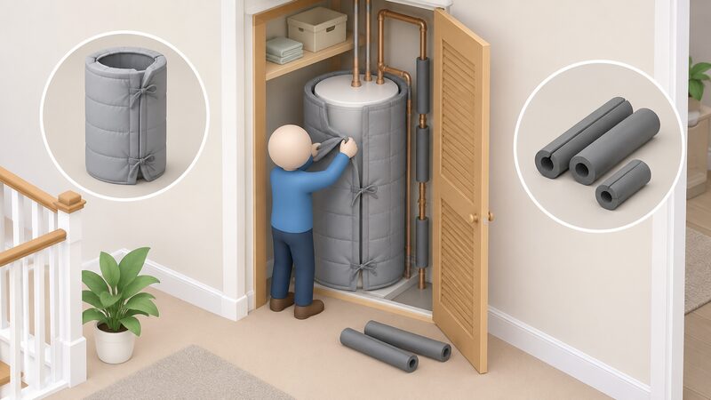 A simplified isometric figure fitting a thick quilted jacket around a hot water cylinder in an airing cupboard, with foam insulation sections laid ready to fit on the pipes leading from the cylinder.