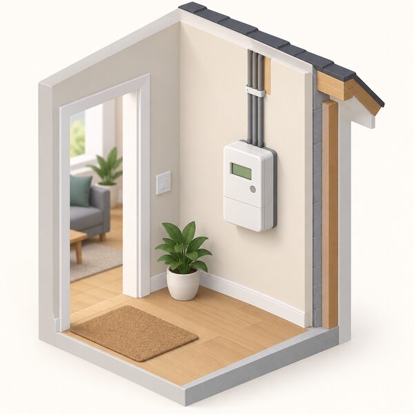 A single smart electricity meter mounted on an indoor wall of a home, shown in a simple cutaway interior with its cabling rising into the wall, and no gas meter anywhere in the scene.