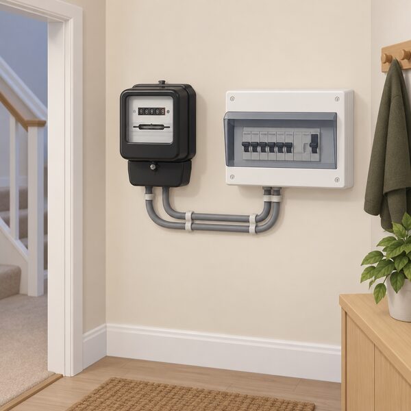A traditional analogue electricity meter mounted on an interior wall of a Northern Ireland home, still in place and untouched, with its wiring running into the household consumer unit, shown simply to convey that no smart meter has been installed there yet.