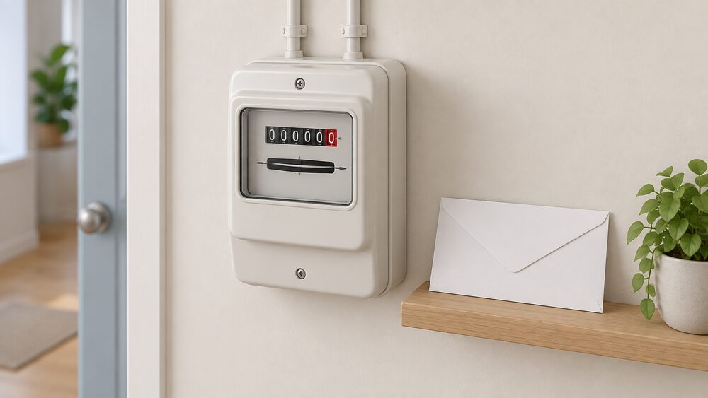 A close-up of a traditional analogue electricity meter in its white plastic housing mounted on an interior wall, with a blank envelope resting on a small ledge beside it, suggesting the household waiting for contact rather than taking action.