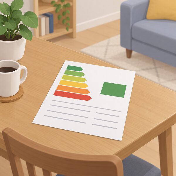 An EPC certificate as a physical printed sheet lying on a table in a home, with a plain colour band showing the rating band as a simple block and blank lines for the property details, no readable words or numbers.