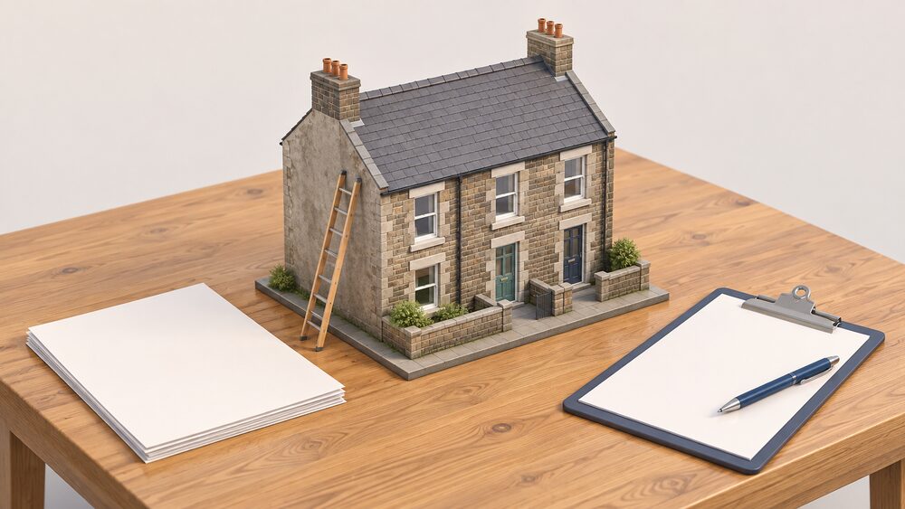 A small cutaway-style model of an older stone Welsh terraced house stands on a wooden table beside a blank assessment report, a clipboard with a pen, and a small ladder leaning against the model, suggesting a retrofit survey of ageing social housing stock.