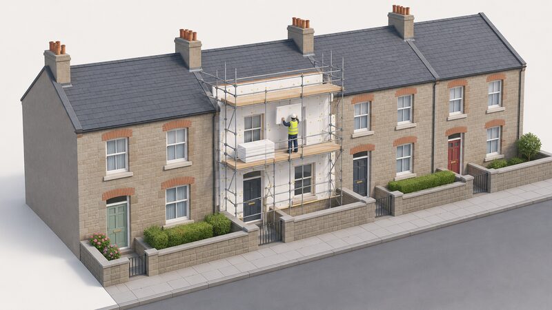 A terraced street of older Welsh social housing where one mid-terrace home is wrapped in scaffolding with a worker fitting external wall insulation boards to its front wall, while neighbouring homes stand plain and unretrofitted.