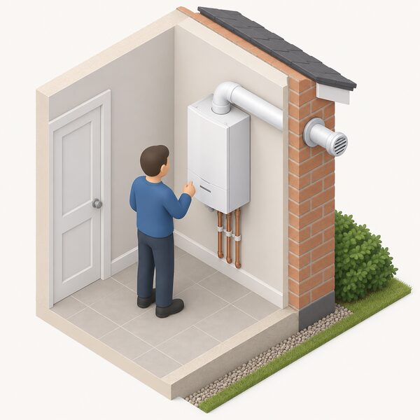 A wall-mounted mains gas combi boiler inside a home, with a small isometric figure inspecting it, and its horizontal flue pipe passing through the external wall to a terminal outside.