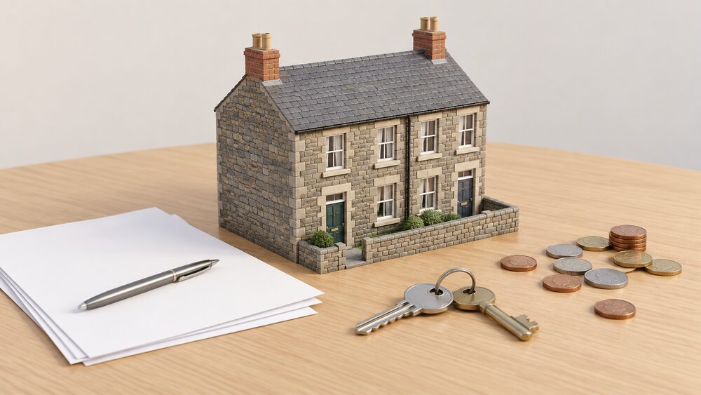 A small model of an old stone Welsh terrace house with solid walls sits on a table beside blank paperwork, a landlord's key on a ring, a house key, and a scatter of coins, suggesting the choice between renting and owning an older home.