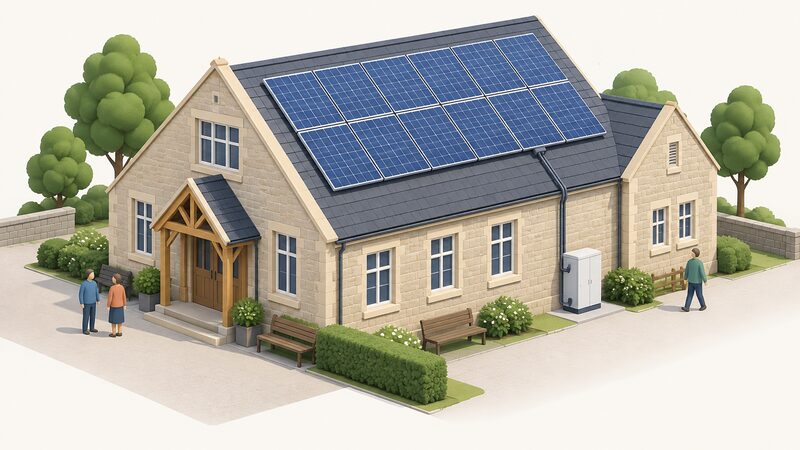 A village hall with a community-owned solar PV array covering its pitched roof, and a small battery storage cabinet standing on the ground alongside the hall wall, connected by a cable conduit from the roof down to the cabinet.