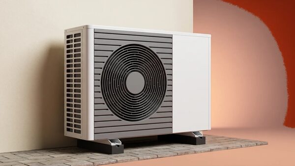 A white air source heat pump unit with a large circular fan mounted on a wall above a paved base