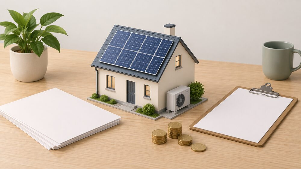 A small model house with solar panels on its pitched roof and a tiny heat pump unit beside its wall, standing on a table beside blank paperwork, a clipboard and a few coins, representing a household's counted contribution to locally owned renewable capacity.