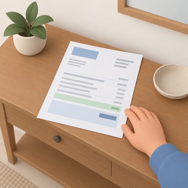 A domestic electricity bill lying on a hall table beside a hand, shown as a physical sheet with a plain highlighted band representing the one-off discount credited to the account, reducing the total amount charged including VAT.